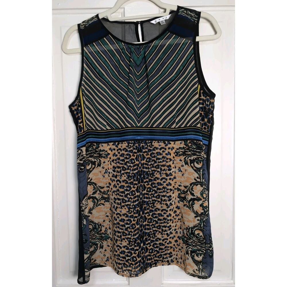 Cabi Sheer Striped Cheetah Animal Print Tank Top Women's M Boho Keyhole (1049)
